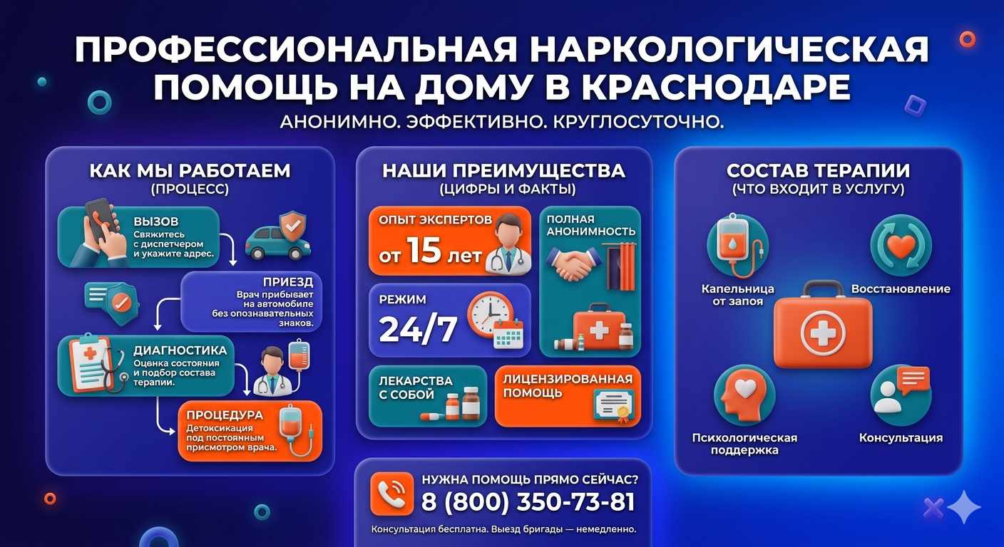 Инфографика о принципах лечения алкоголизма на дому в Нефтегорске: этапы вызова нарколога, преимущества анонимной детоксикации и состав медицинской помощи.